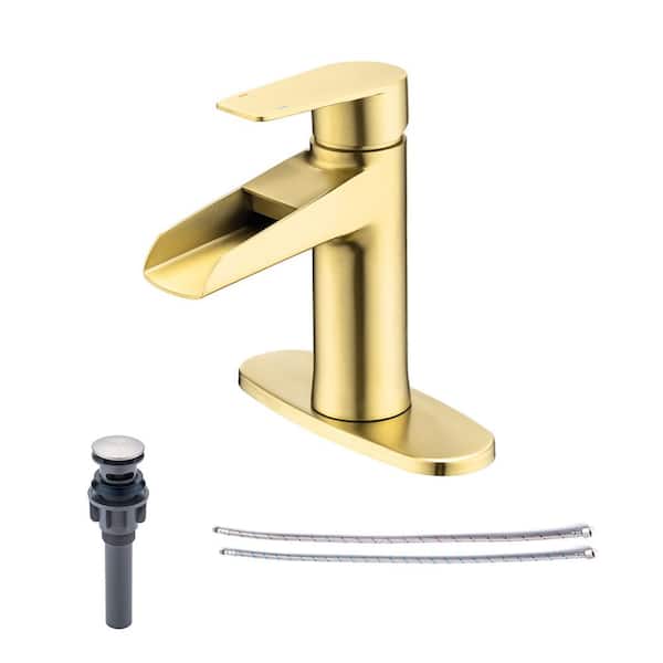 RAINLEX Single Handle Waterfall Spout Single Hole Bathroom Faucet with Deckplate and Drain Kit Included in Gold Color