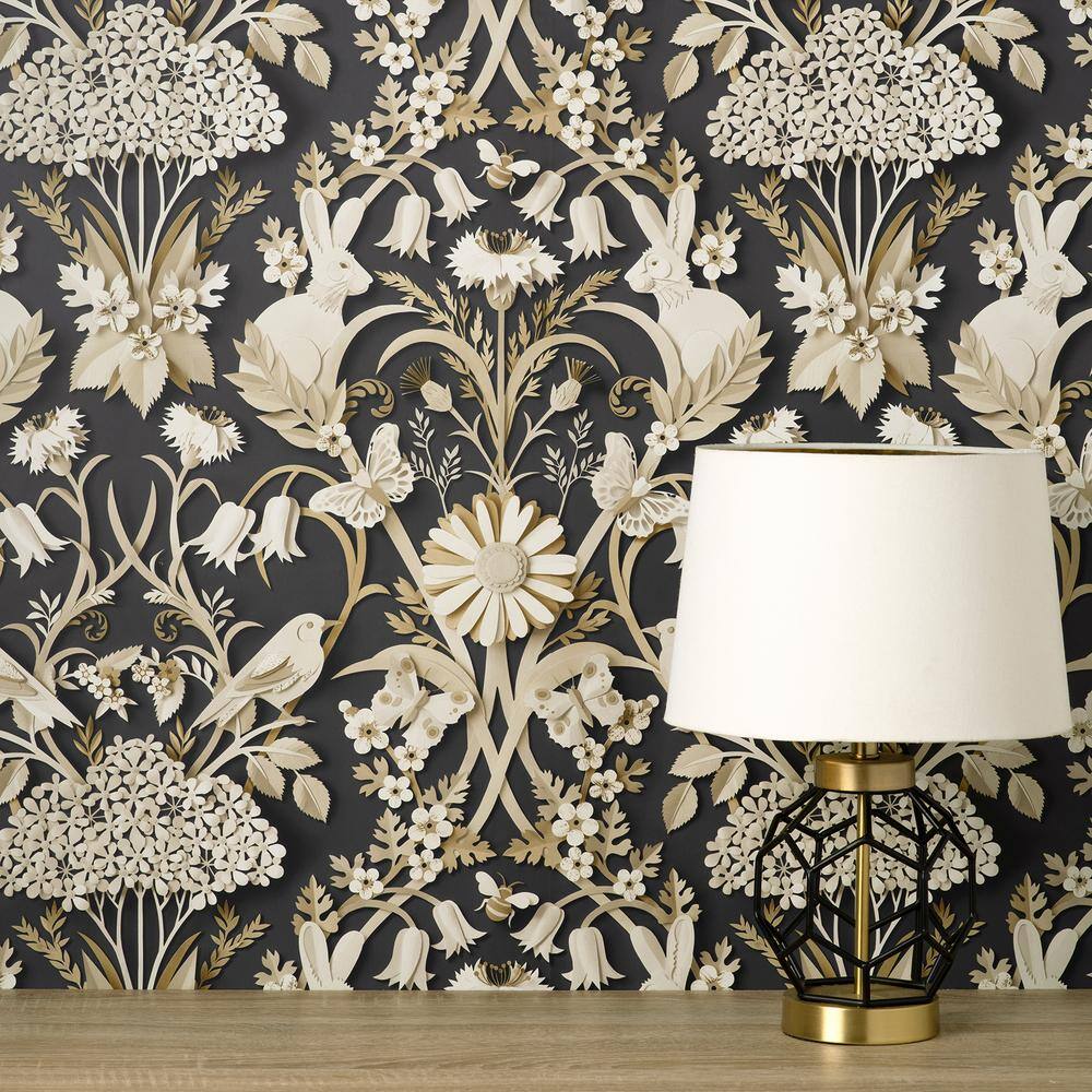 Whimsical Charcoal and White 3D Woodland Wallpaper