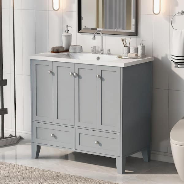 Staykiwi 36 in. W x 18 in. D x 34 in. H Single Sink Freestanding Bath Vanity in Grey with White Cultured Marble Top