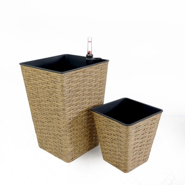 Craften 7.8 in. and 13.8 in. Tall Brown Indoor/Outdoor Rattan-Look Plastic Square Self-Watering Planter Set (2-Pack)