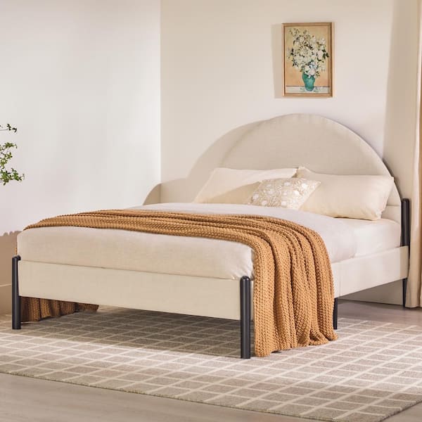 Walker Edison Furniture Company Modern Beige Fabric and Metal Frame Queen Platform Bed with Upholstered Arch Headboard
