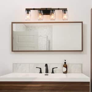 Araphi 4-Light Brushed Brown Rust Black Bathroom Vanity Light with Clear Jar Glass Shade and Painted Wood Accents Sconce
