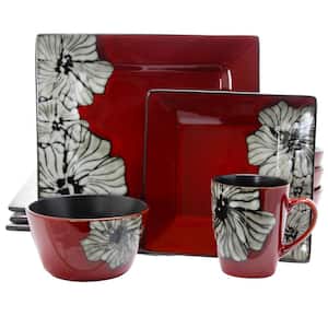 Winter Bloom 16-Piece Asian Inspired Red Earthenware Dinnerware Set (Service for 4)