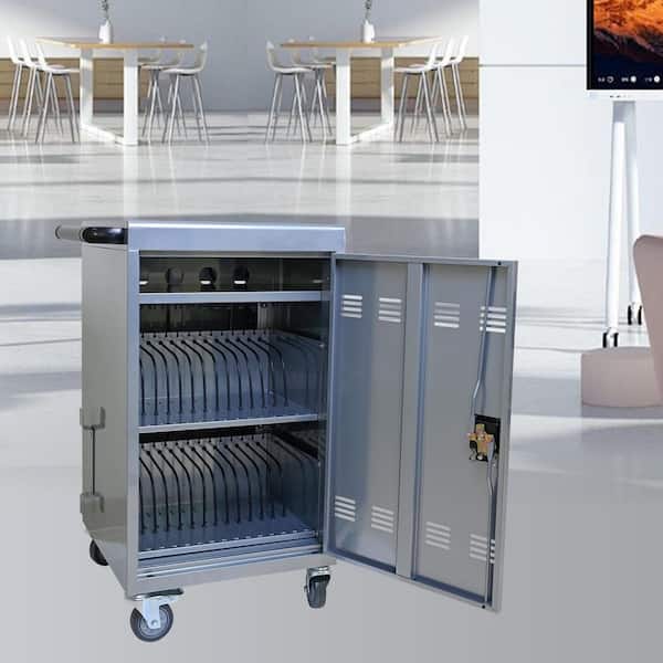 21 in. W Silver Metal Removable Portable Rechargeable Storage Tool Box with Power Outlet