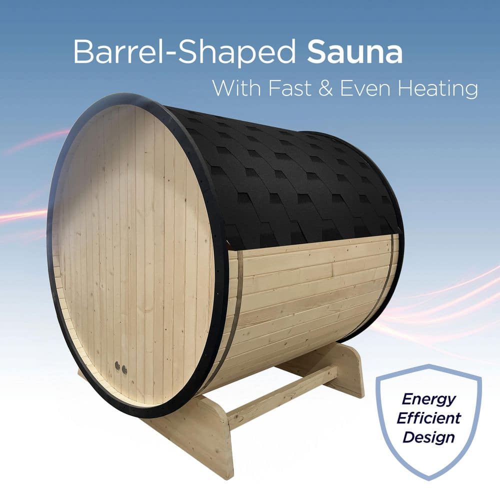 3-Person Yellow Pine Wood Oval Barrel Sauna with Glass Door