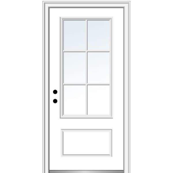 MMI DOOR 36 in. x 80 in. Simulated Divided Lites Right-Hand 3/4-Lite Clear 1-Panel Primed Fiberglass Smooth Prehung Front Door