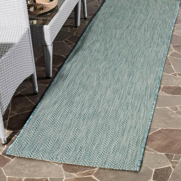 Courtyard Aqua/Gray 2 ft. x 18 ft. Solid Color Chevron Indoor/Outdoor Runner Rug