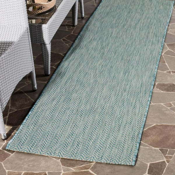 Courtyard Aqua/Gray 2 ft. x 20 ft. Solid Color Chevron Indoor/Outdoor Runner Rug