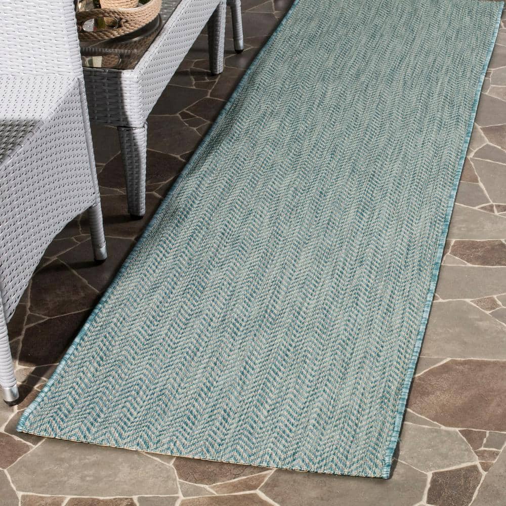 Aqua and Grey Synthetic 27'' Easy-Care Indoor/Outdoor Runner Rug