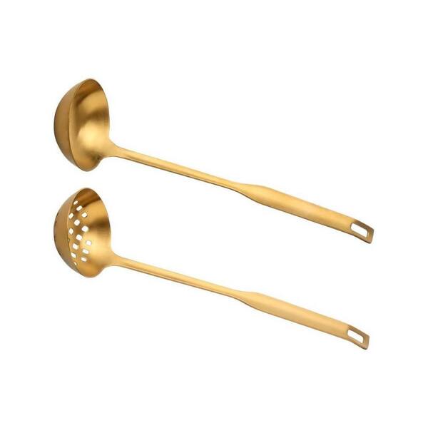 2 Piece Gold Finish Stainless Steel Ladle and Colander Set, Long Handle Kitchen Utensil for Hot Pot Cooking