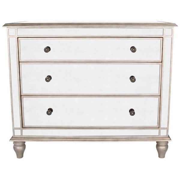 HomeRoots Amelia Rectangle Silver Mirrored 3-Drawer Console Storage Wine Cabinet