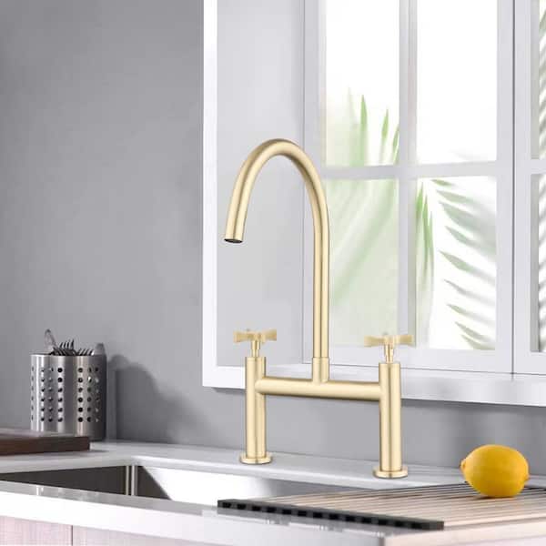 UPIKER Double-Handle Bridge Kitchen Faucet in Brushed Gold