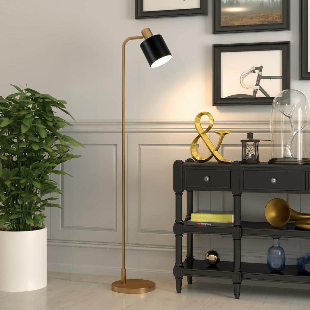 Sleek Mid-Century 65'' Black and Brass Metal Floor Lamp