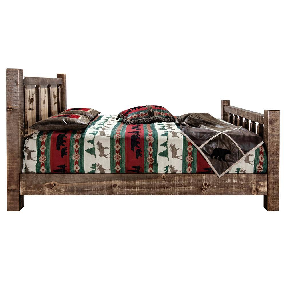 Queen Early American Pine Wood Panel Bed with Elk Motif