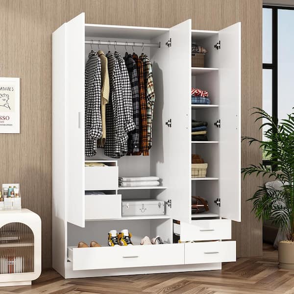 FUFU GAGA White Wood 47.2 in. W 3 Door Bedroom Armoire Wardrobe Closet Cabinet with Hanging Rod Drawers Shoe Rack KF180189 012