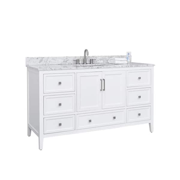 Everette 61 in. Single Sink White Bath Vanity with Carrara White Marble Top