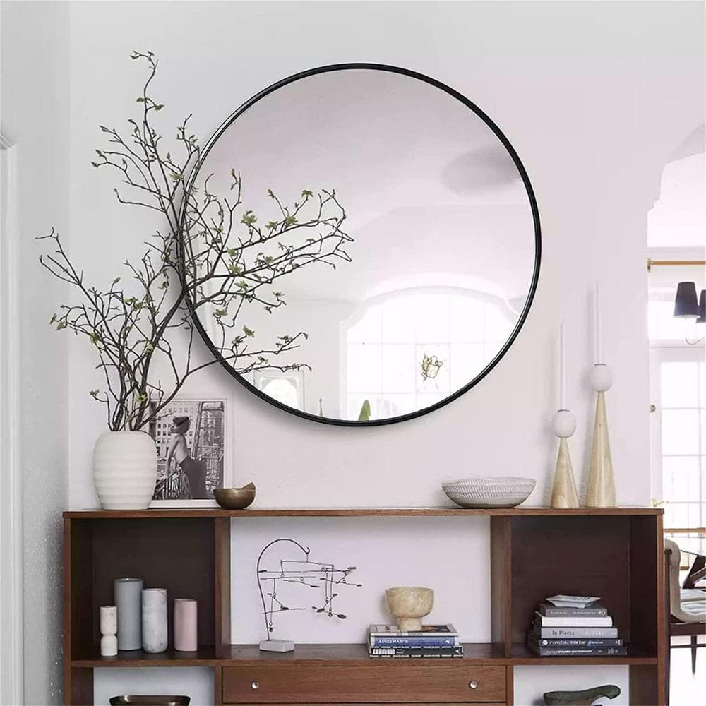 Contemporary Elegant Black 30 in. W x 30 in. H Round Metal Framed Mirror, f