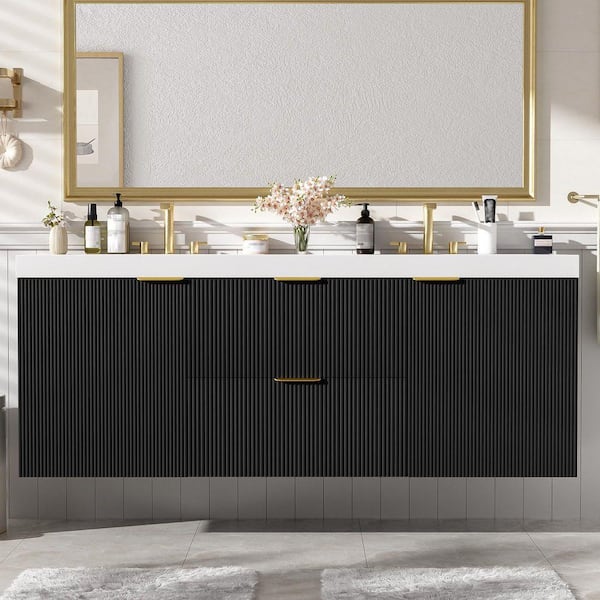 60 in. W Double Sink Floating Black Bath Vanity with White SMC Resin Top, Solid Wood Frame, Soft Close Doors