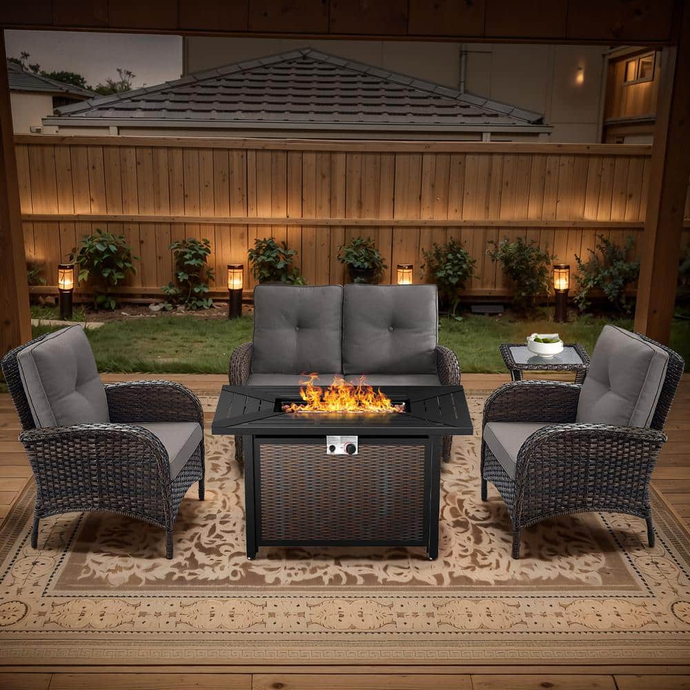 Brown 5-Piece Wicker Patio Fire Pit Set, Outdoor Glider Seating Set with Olefin Gray Cushions and Patio Armchairs price history on PriceWatchPro
