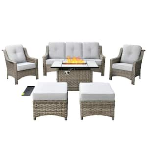 Verona Grey 6-Piece Wicker Outdoor Patio Conversation Sofa Seating Set with a Rectangle Fire Pit and Light Grey Cushions