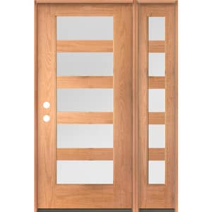 ASCEND Modern 50 in. x 80 in. Right-Hand/Inswing 5-Lite Satin Glass Teak Stain Fiberglass Prehung Front Door with RSL
