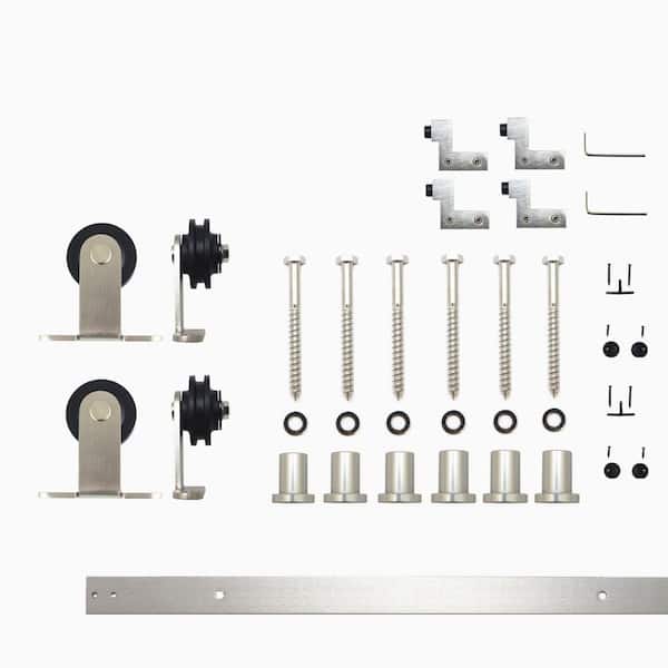 HOMACER 7.5 ft./90 in. Brushed Nickel Non-Bypass Sliding Barn Door Hardware Kit T-Shape Design Roller for Double Doors