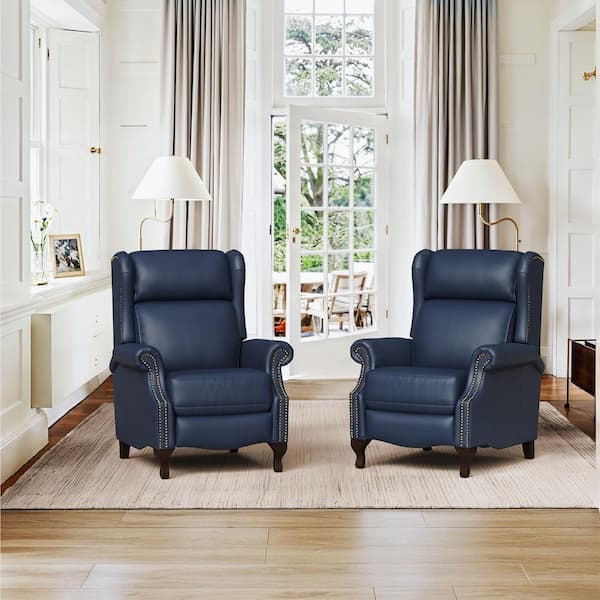 Bald Navy Genuine Leather 28 in. Mid Century Push Back Recliner with Nailhead Trim and Non-slip Pads Set of 2