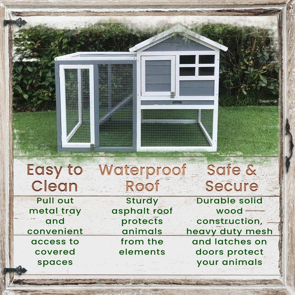 Gray and White Wooden Rabbit Hutch with Wire Mesh Run