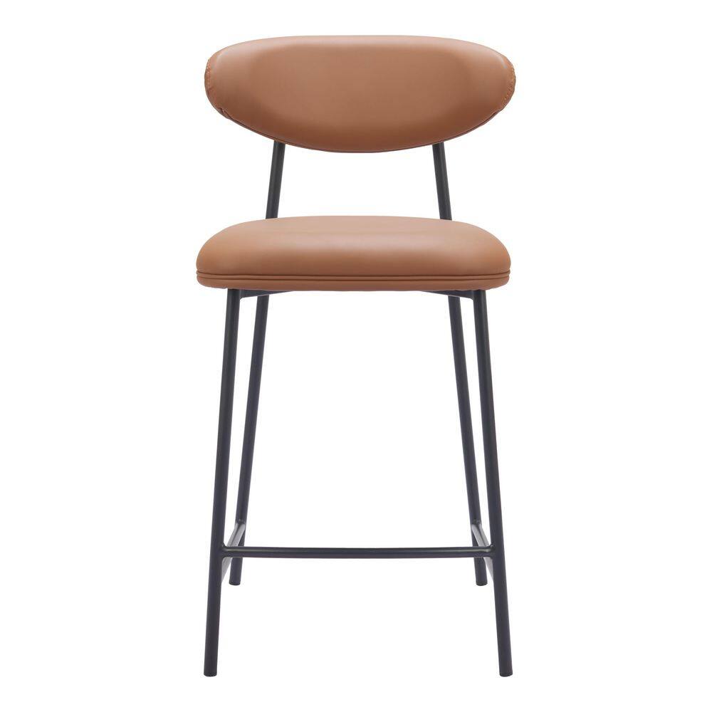 Single brown faux leather bar stool viewed from the front.