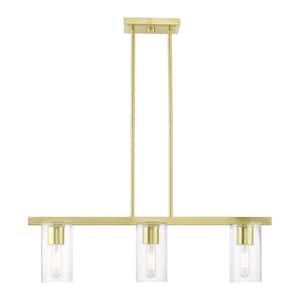 Clarion 3-Light Satin Brass Linear Chandelier with Clear Glass Shades