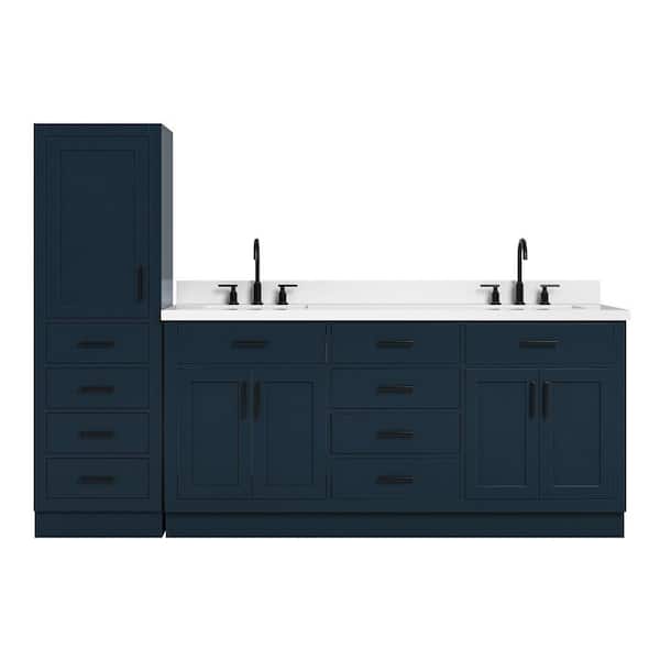 Hepburn 2-Piece Set 72 in Double Sink Bathroom Vanity and Linen Cabinet with Pure White Quartz Top in Blue