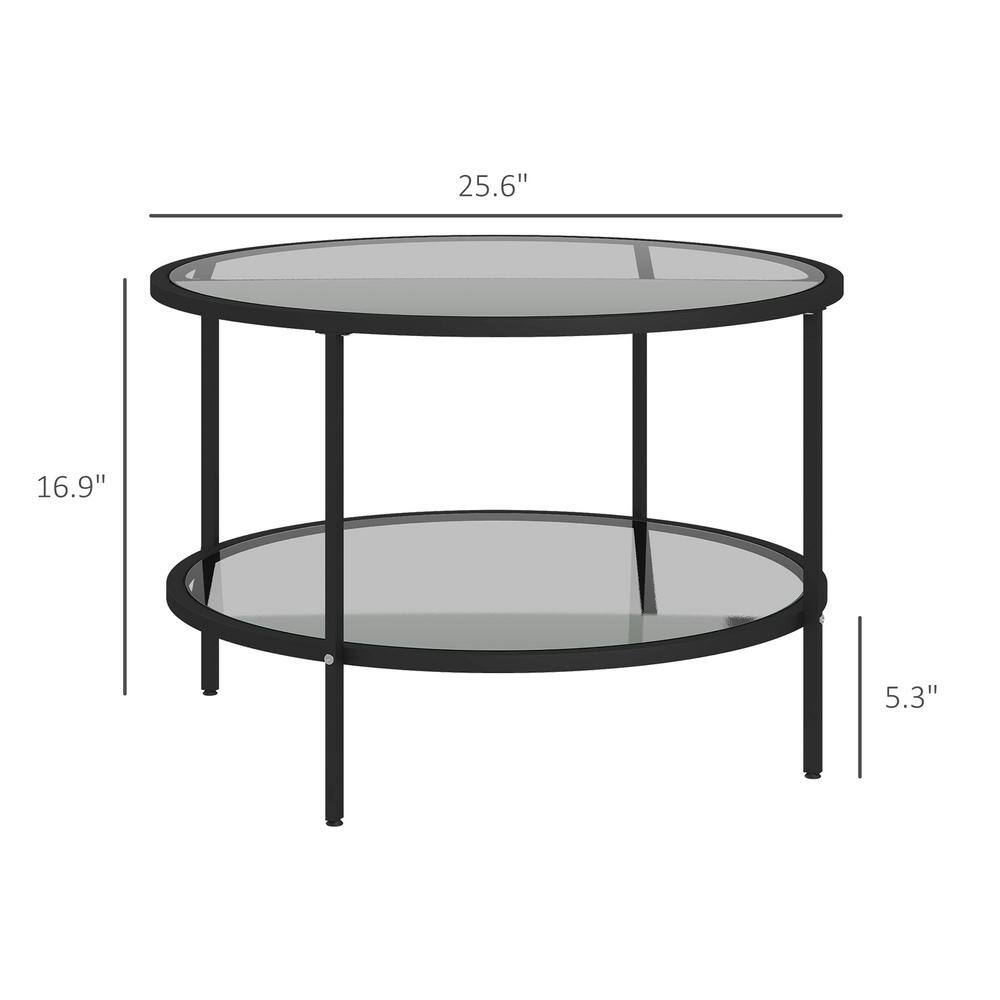 Black Round Metal Side Table with Tempered Glass Shelves