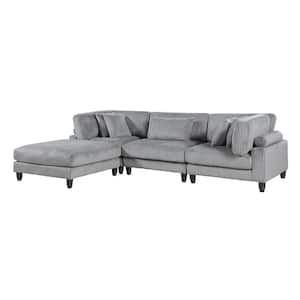 Laurelton 120 in. Pillow Top Arm 4-Piece Corduroy Fabric Modular Sectional Sofa with Ottoman in Gray