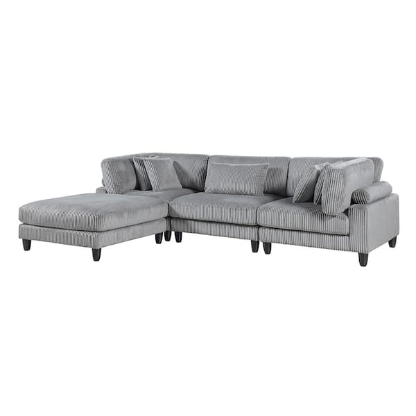 Lazzara Laurelton 120 in. Pillow Top Arm 4-Piece Corduroy Fabric Modular Sectional Sofa with Ottoman in Gray