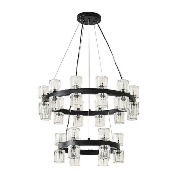 Modern 36-Light Black 2-Tier Wagon Wheel Chandelier with Clear Cystal Shades with bulbs included