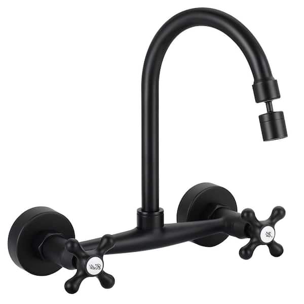 Commercial Double Handle Wall Mount Standard Kitchen Faucet in Matte Black