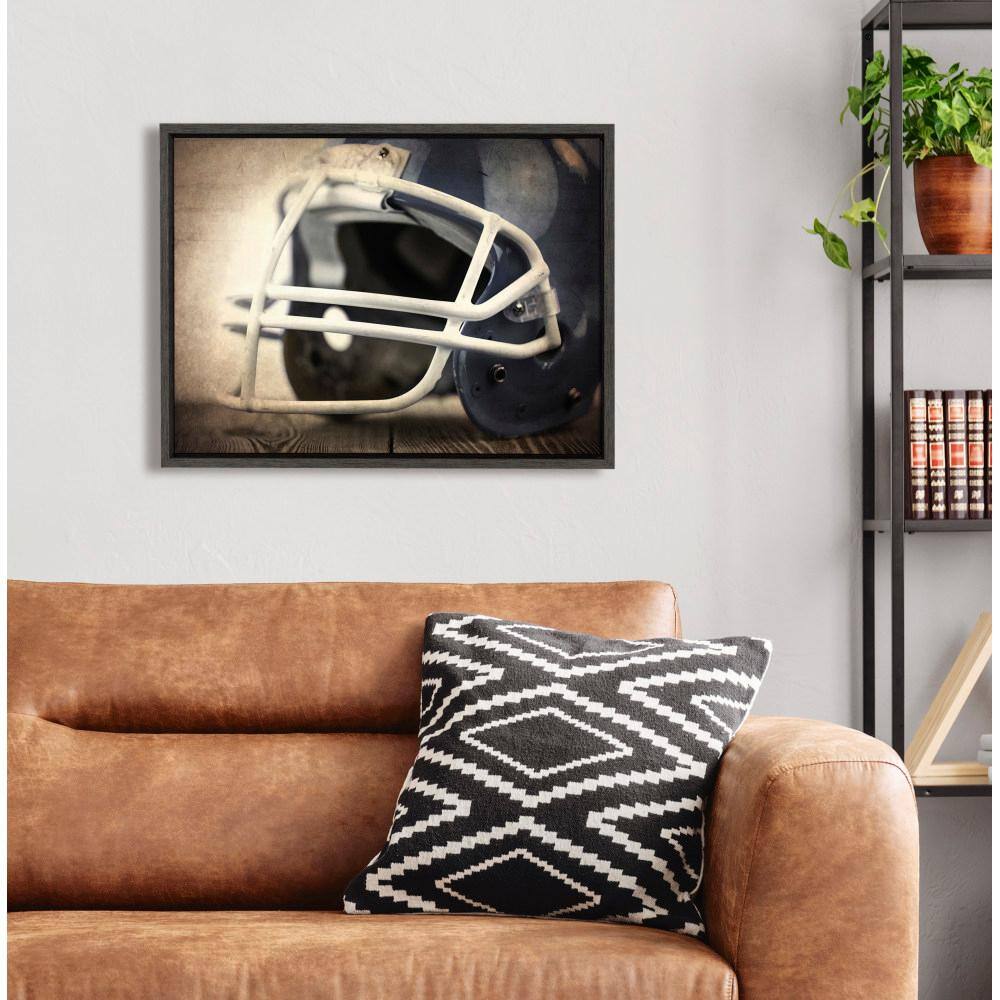Vintage Football Helmet Framed Canvas Print in Gray Woodgrain Frame