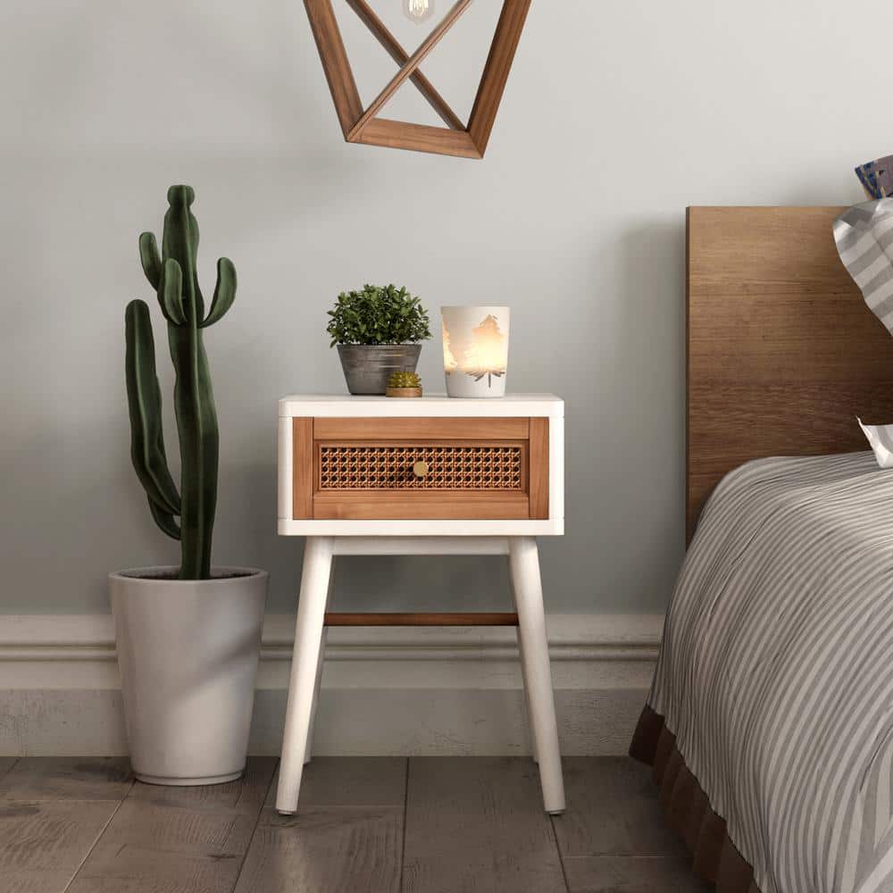 Coastal Chic Distressed White Woven Cane Nightstand with Brass Knobs