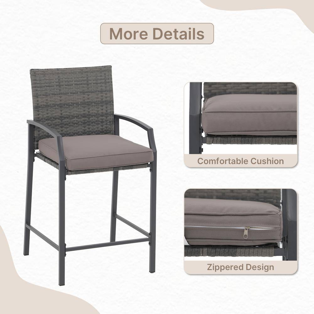 Grey wicker bar chair with a grey seat cushion and a detail of the zippered cushion cover.