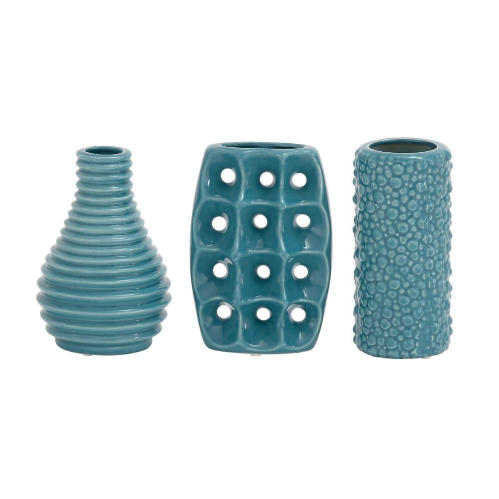 Modern Blue Ceramic Trio Vase Set with Textured Embellishments