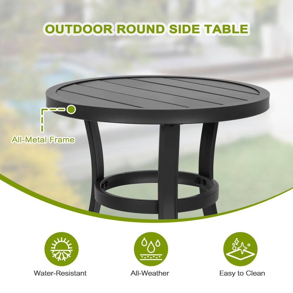 Black metal round outdoor side table with slatted top.