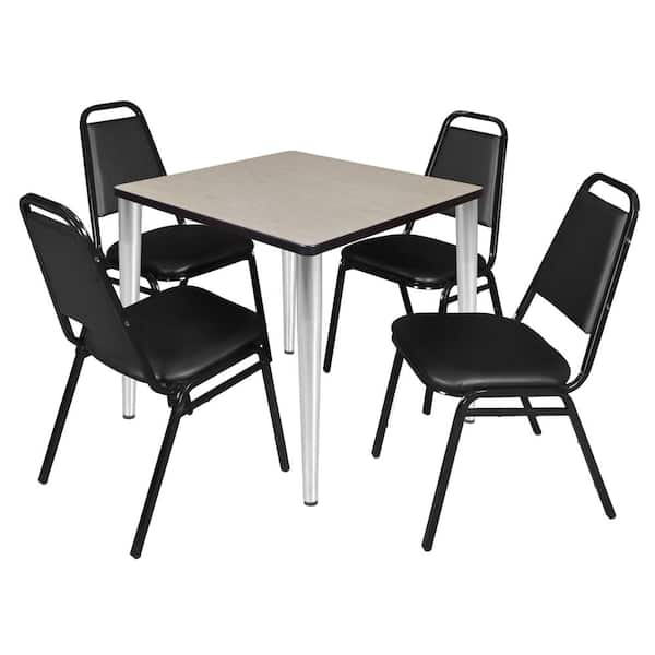 Regency Trueno 30 in. Square Maple & Chrome Wood Breakroom Table & 4 Black Restaurant Stack Chairs, Seats 4