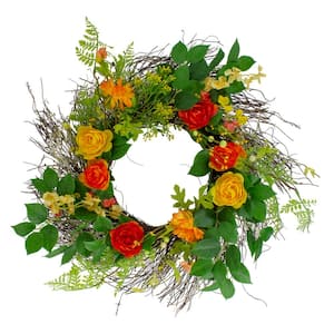 20 in. Artificial Ranunculus and Rose Floral Spring Multi-Colored Wreath