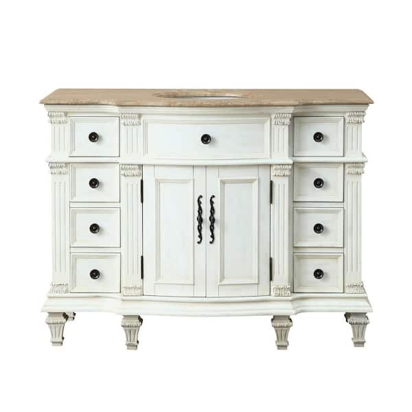 Silkroad Exclusive 48 in. W x 22 in. D Vanity in Antique White with Stone Vanity Top in Travertine with White Basin