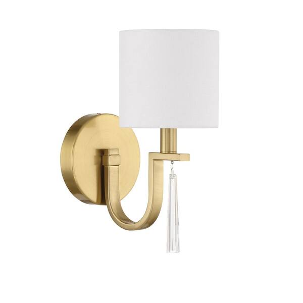 CRAFTMADE Fortuna 11 in. 1 Light Satin Brass Finish Wall Sconce with Crystal Accents and White Linen Fabric Shade