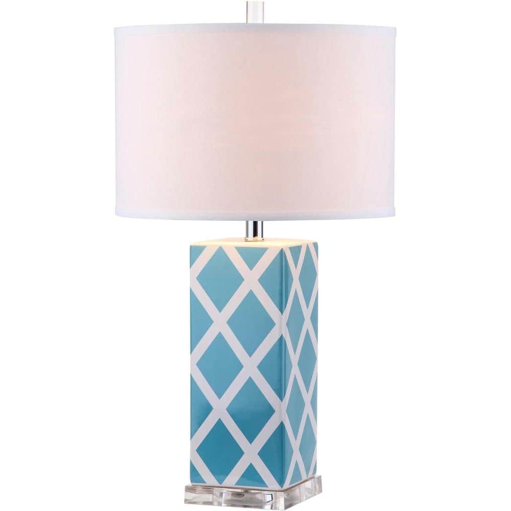 Light Blue Ceramic Lattice Table Lamp with Cotton Shade