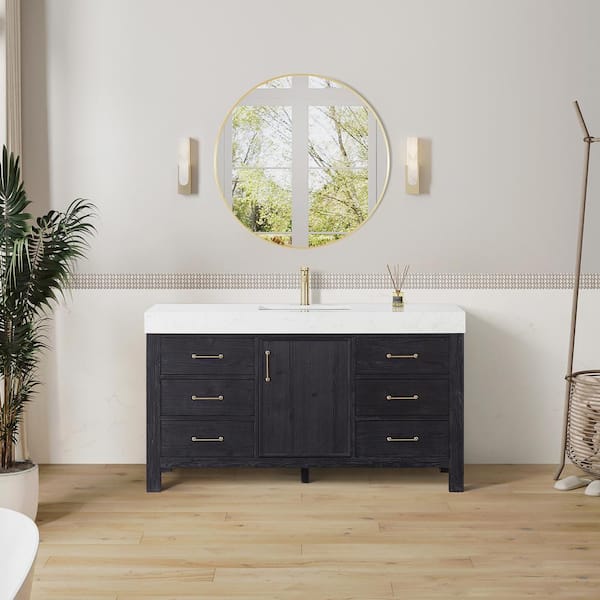 ROSWELL León 60 in. W x 22 in. D x 34 in. H Single Bath Vanity in Fir Wood Black with White Composite Stone Top and Mirror
