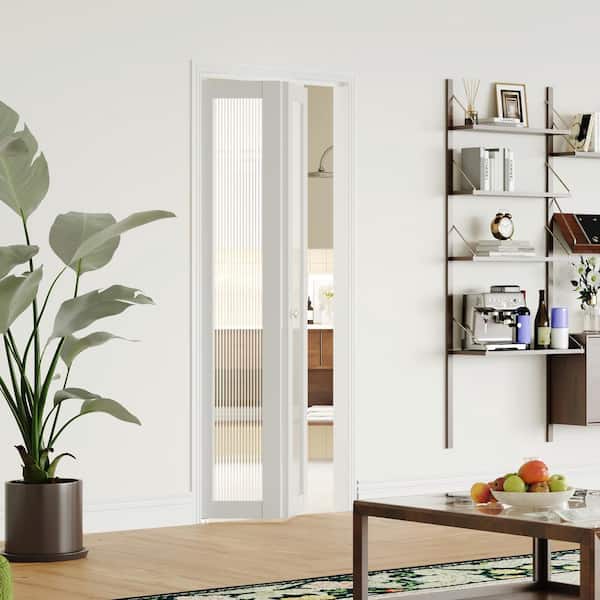30 in. x 80 in. 1 Panel, White Reed Glass, Solid Core, MDF, PVC Covering Bi-Fold Door with Hardware Kits