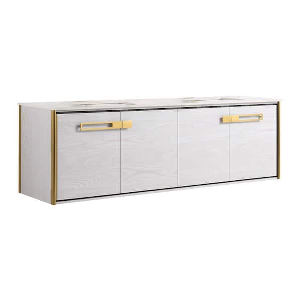 FINE FIXTURES Oakville 72 in. W x 20 in. D x 23.25 in. H Wall Mounted Bathroom Vanity in Gray with White Quartz Top