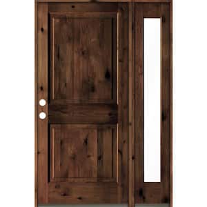 56 in. x 80 in. knotty alder Right-Hand/Inswing Clear Glass Red Mahogany Stain Square Top Wood Prehung Front Door w/RFSL